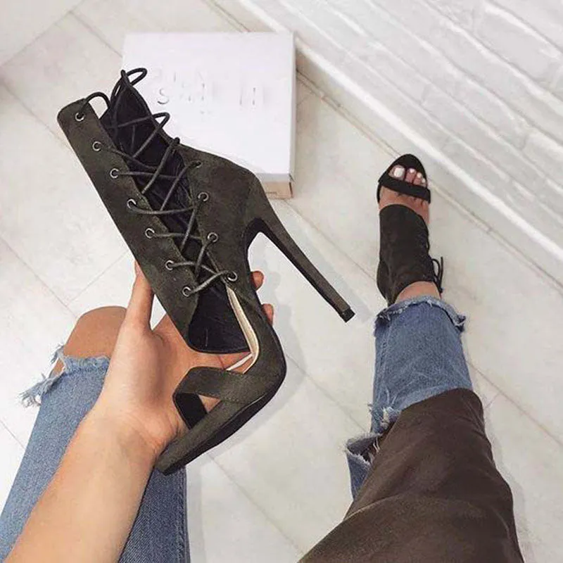 Army Green Strap Cutout Open Toe High Heel Sandals