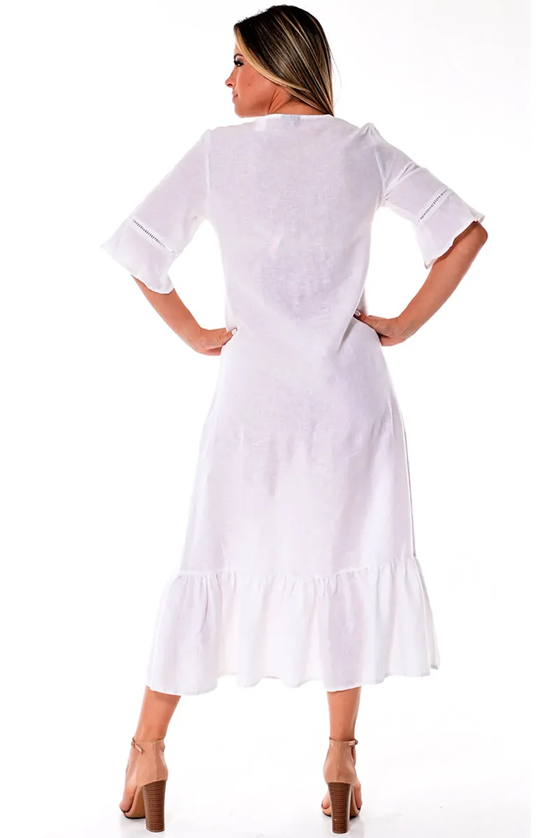 Azucar 100% Linen Ladies 3/4 Sleeves & Ruffled Hem Long Dress in (2) Colors - LLD1695