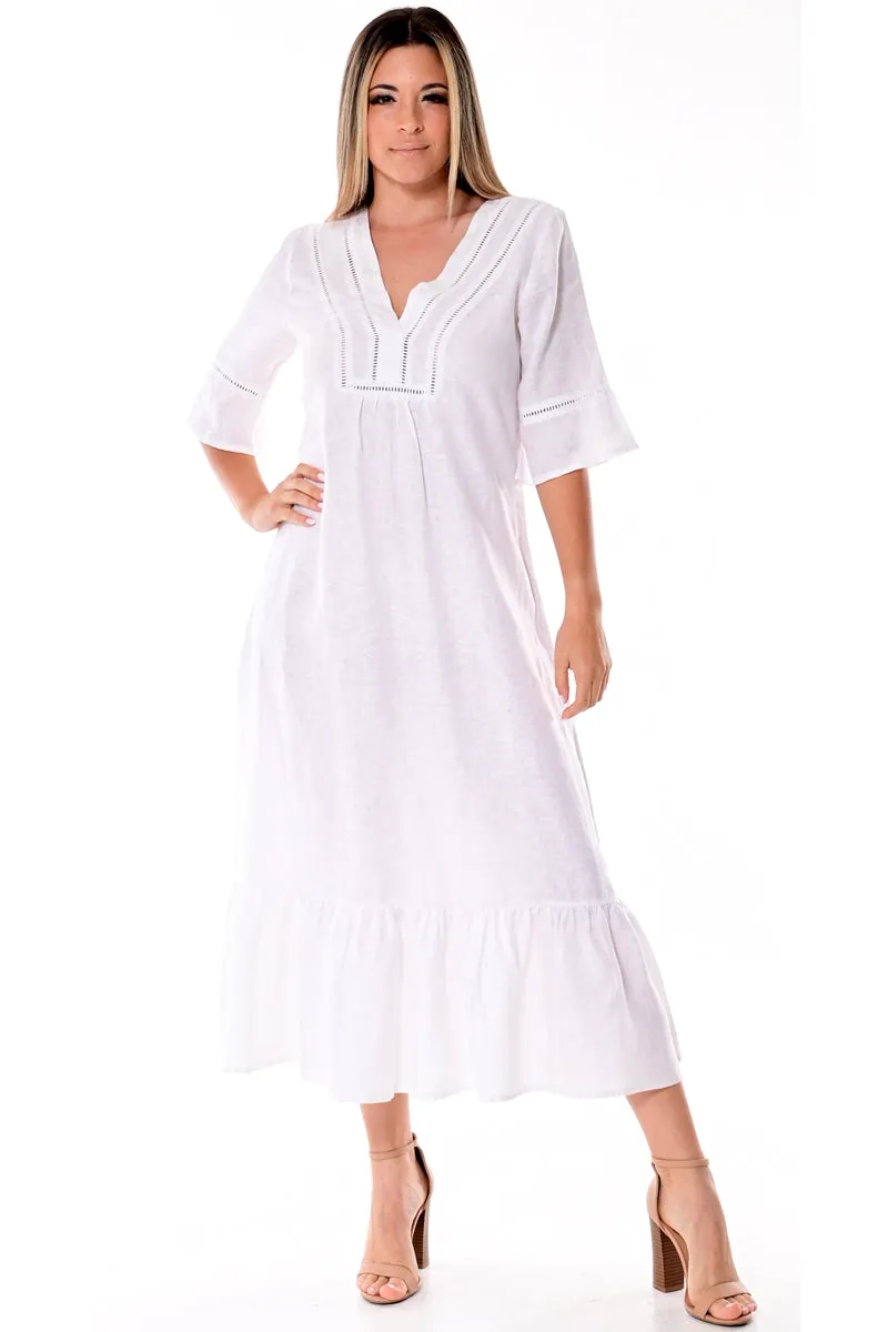 Azucar 100% Linen Ladies 3/4 Sleeves & Ruffled Hem Long Dress in (2) Colors - LLD1695