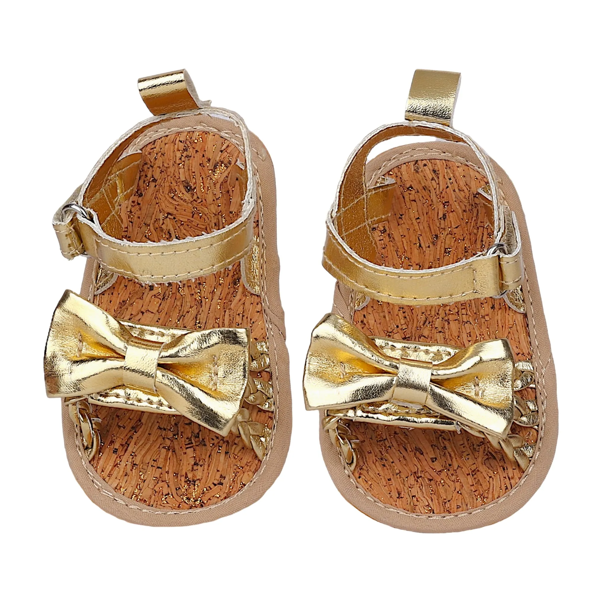 Baby Moo Partywear Patent Leather Bow Velcro Strap Anti-Skid Sandals - Gold, Metallic