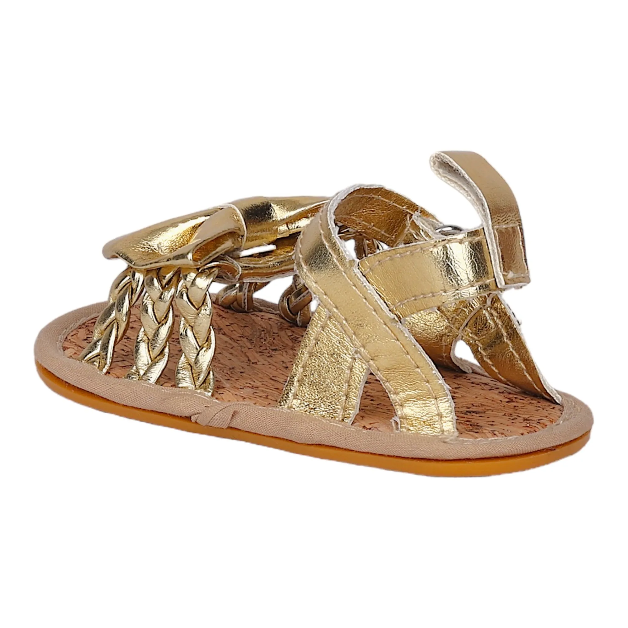 Baby Moo Partywear Patent Leather Bow Velcro Strap Anti-Skid Sandals - Gold, Metallic