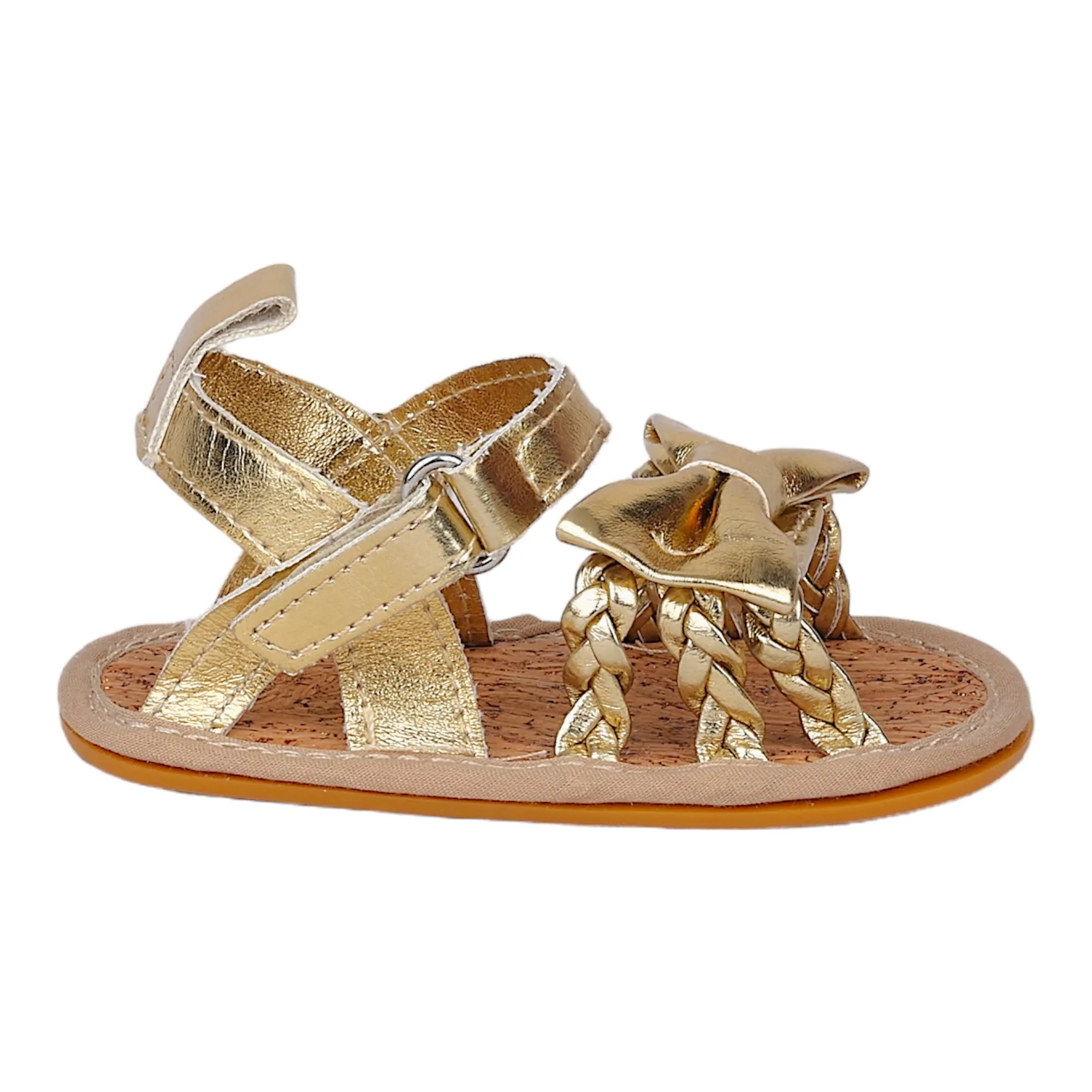 Baby Moo Partywear Patent Leather Bow Velcro Strap Anti-Skid Sandals - Gold, Metallic