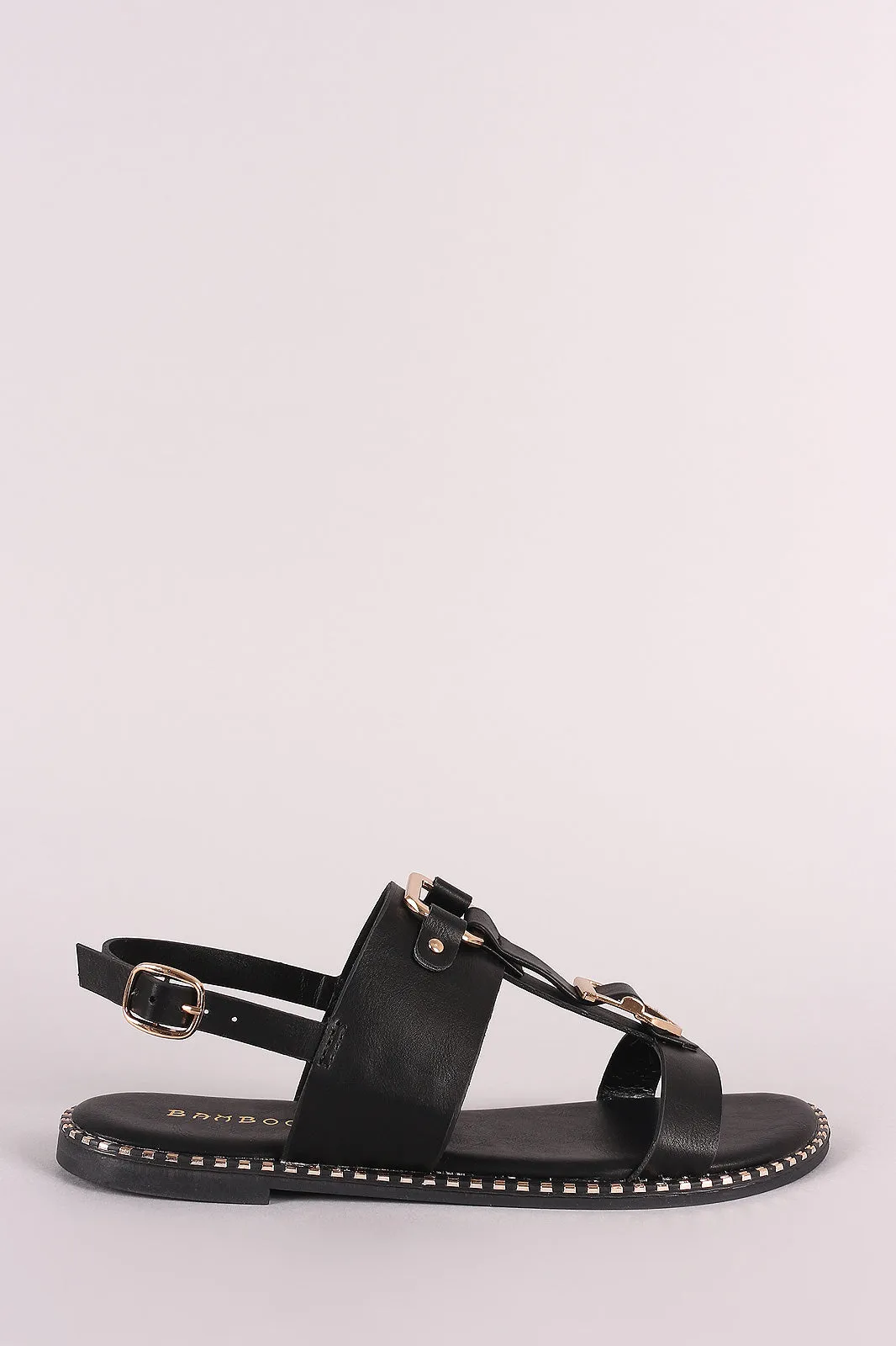 Bamboo Hardware H-Strap Metallic Accent Slingback Flat Sandal