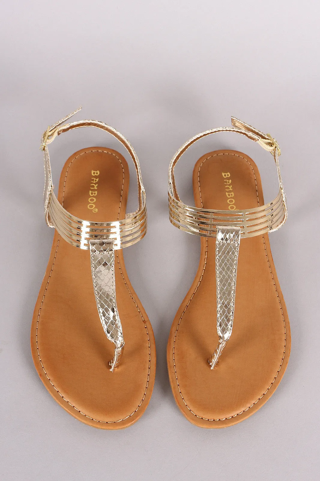 Bamboo Metallic T Strap Cuff Flat Sandal