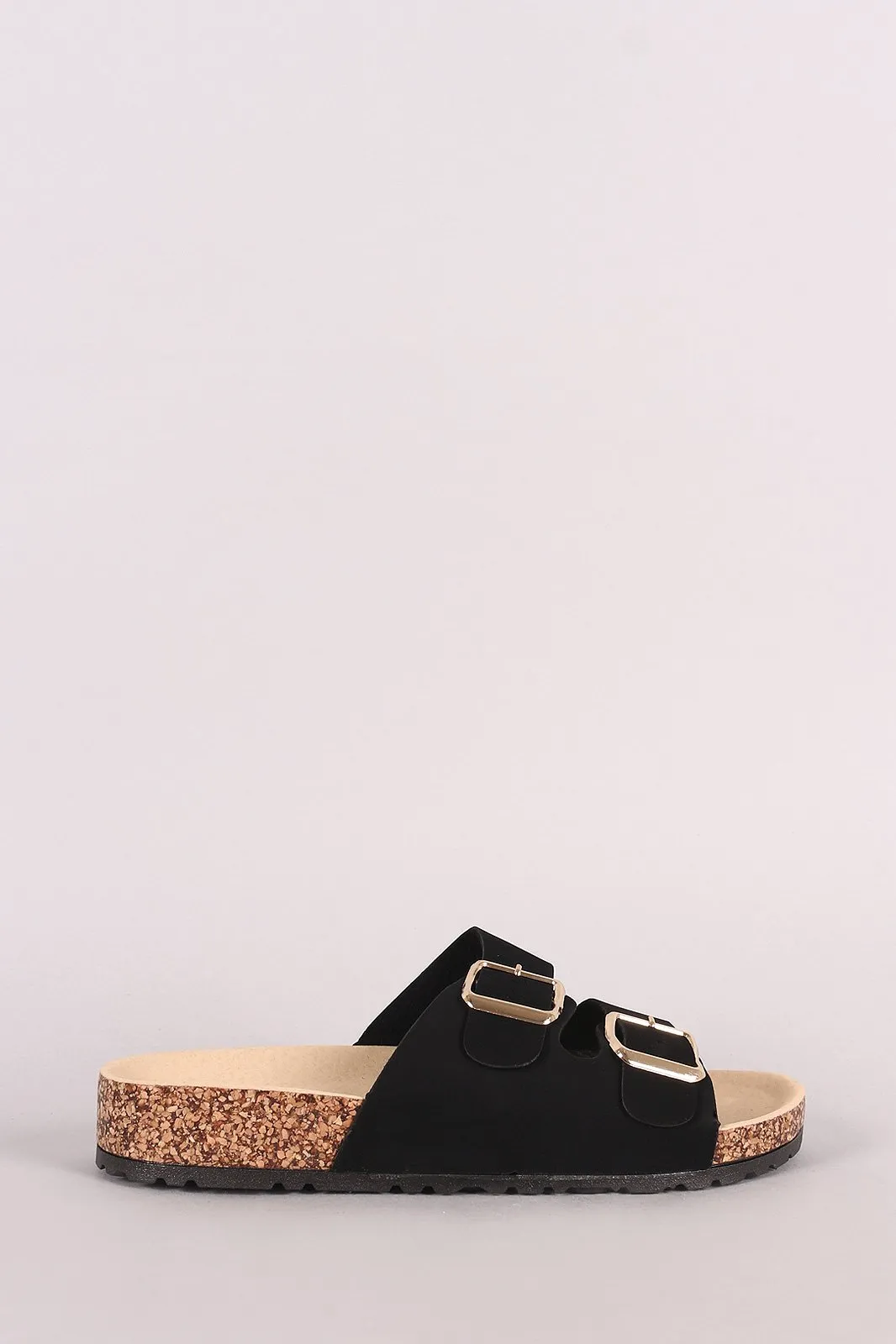 Bamboo Nubuck Open Toe Buckled Cork Footbed Slide Sandal