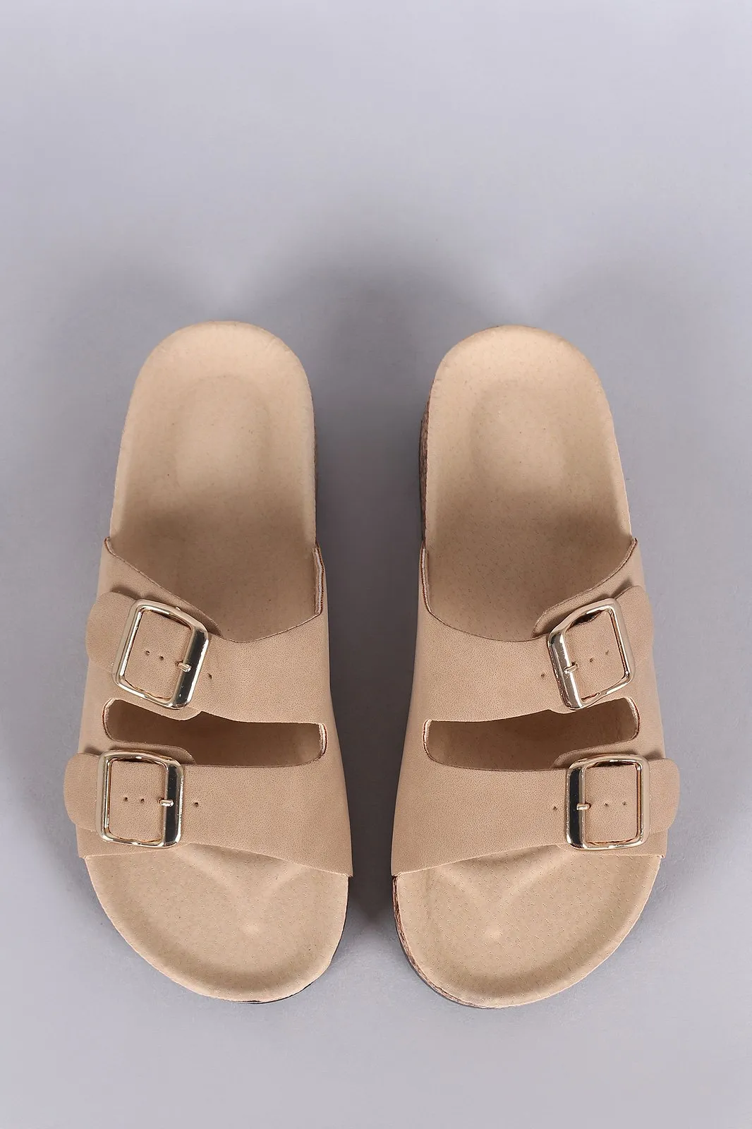 Bamboo Nubuck Open Toe Buckled Cork Footbed Slide Sandal