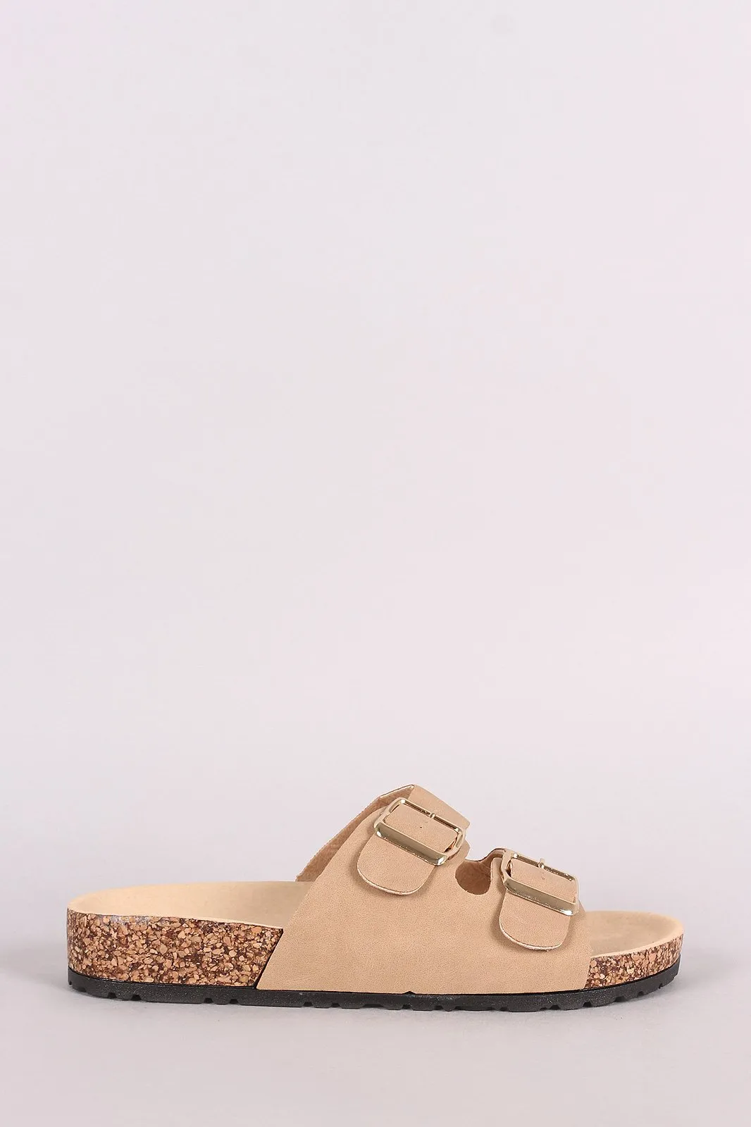 Bamboo Nubuck Open Toe Buckled Cork Footbed Slide Sandal