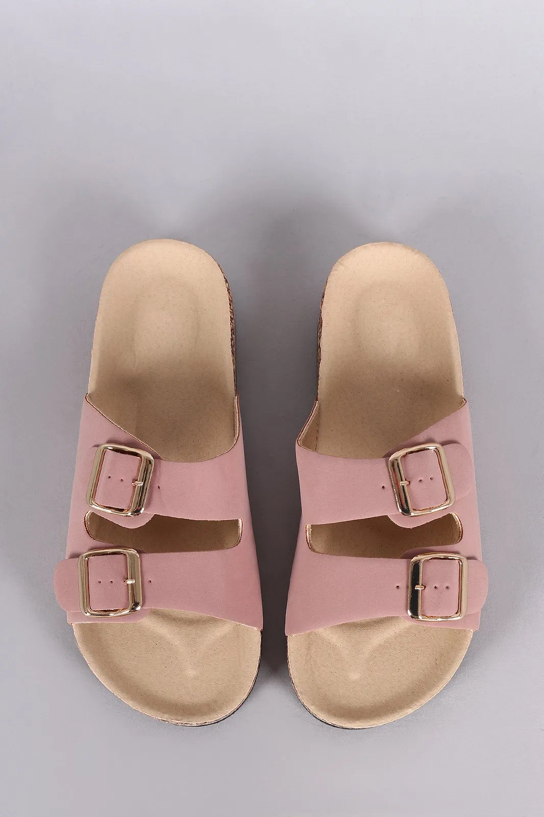 Bamboo Nubuck Open Toe Buckled Cork Footbed Slide Sandal