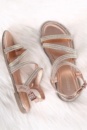 Bamboo Strappy Rhinestone Accent Flat Sandal