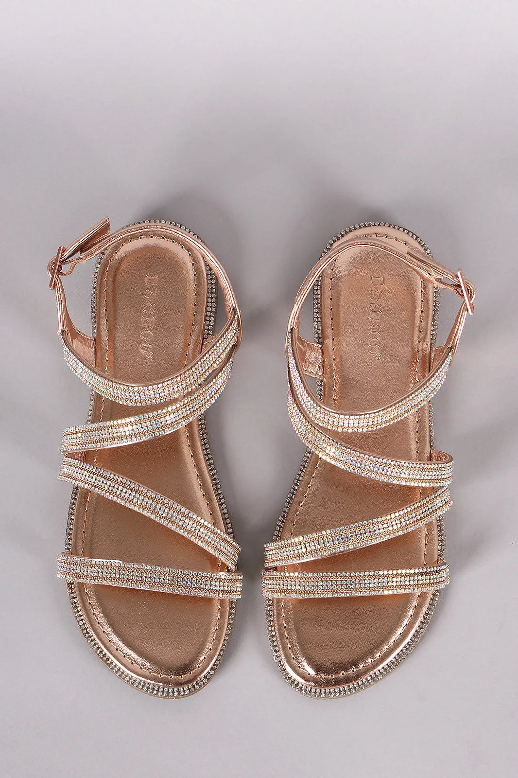 Bamboo Strappy Rhinestone Accent Flat Sandal