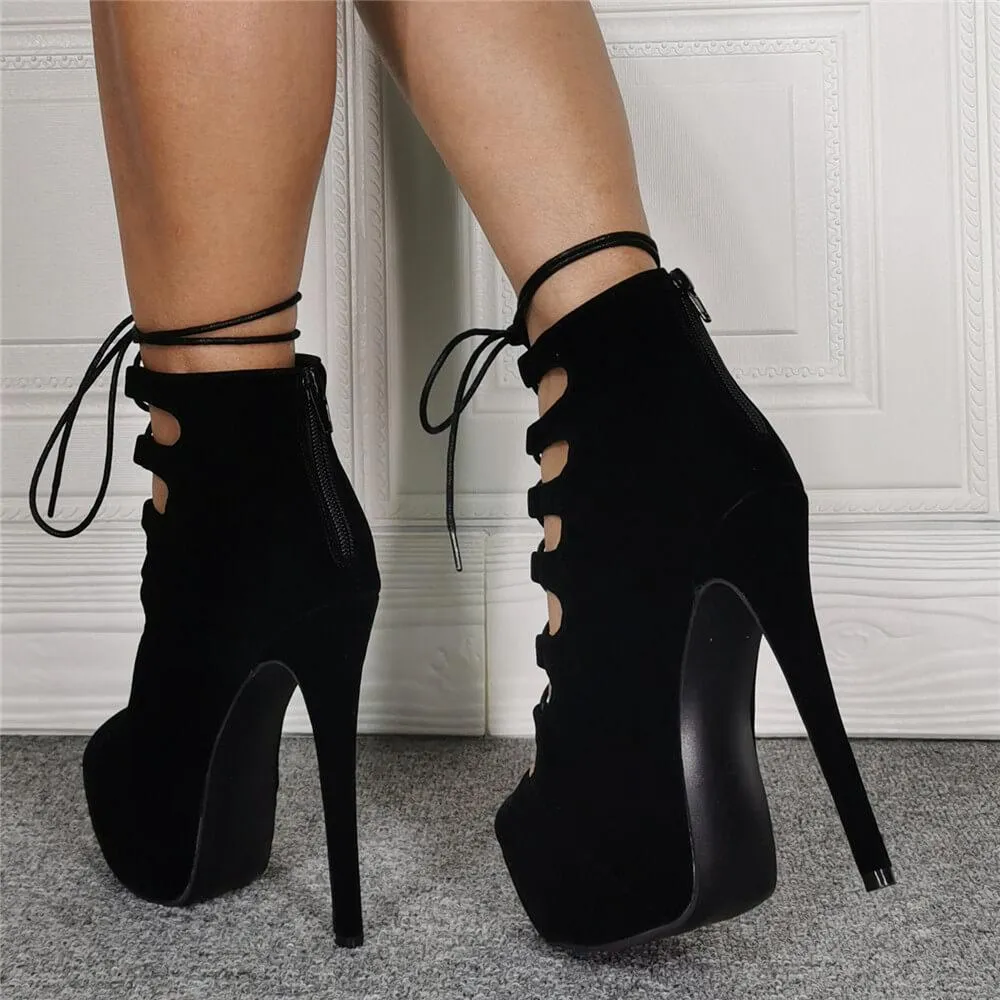 Black Peep Toe Ankle Strap Suede High Heel Sandals