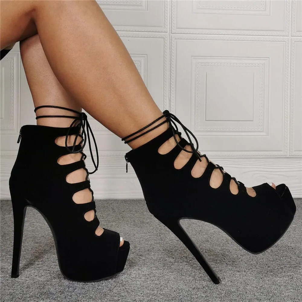 Black Peep Toe Ankle Strap Suede High Heel Sandals