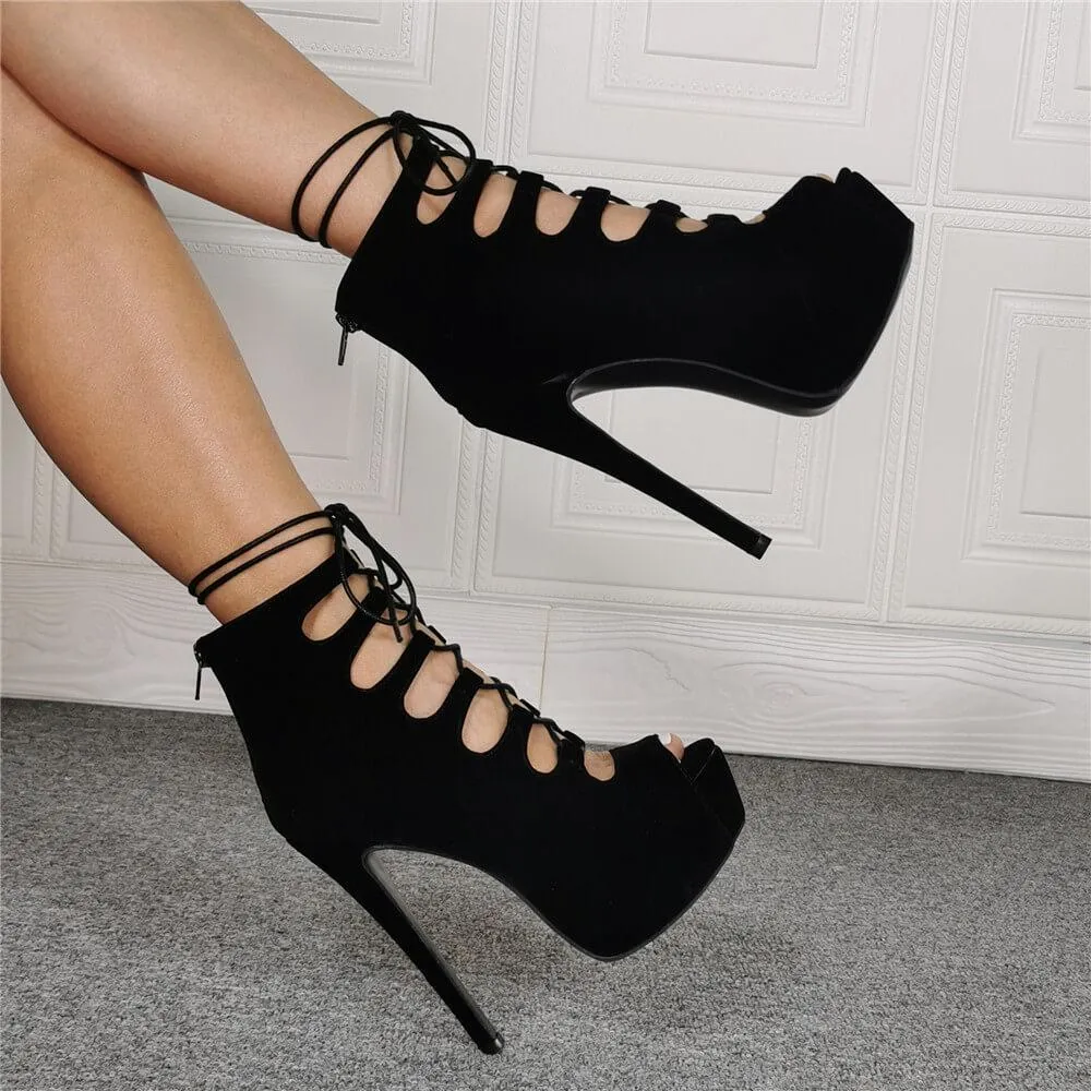 Black Peep Toe Ankle Strap Suede High Heel Sandals