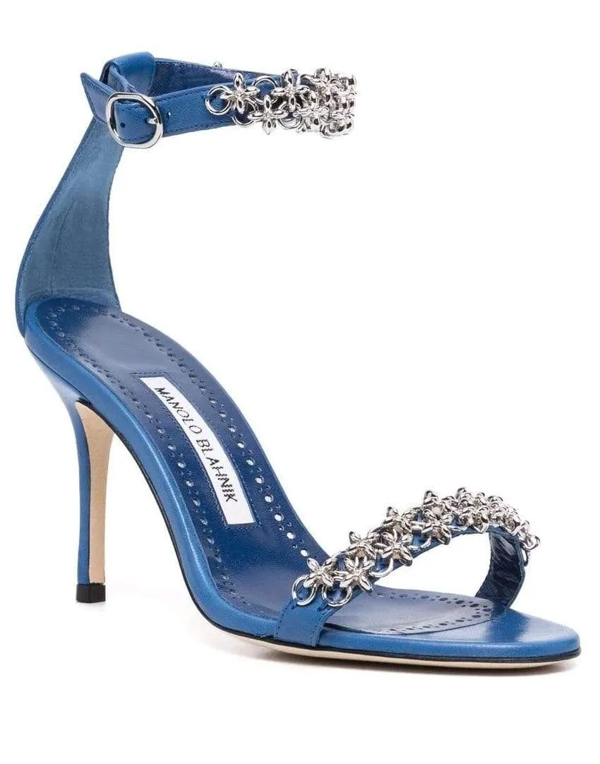 Blue Rekik Leather Chain Ankle-Strap Sandals