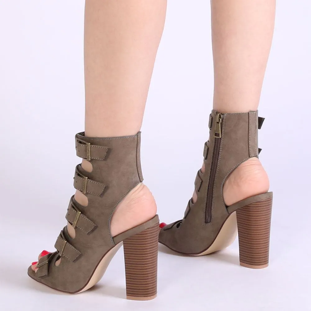 Bree Heeled Sandals in Khaki Faux Suede