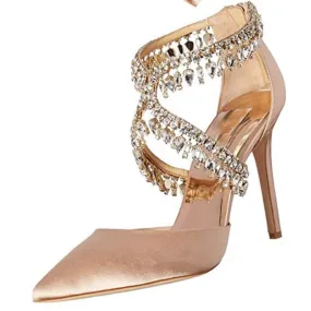 Champagne Rhinestone Pointed Toe High Heel Slides