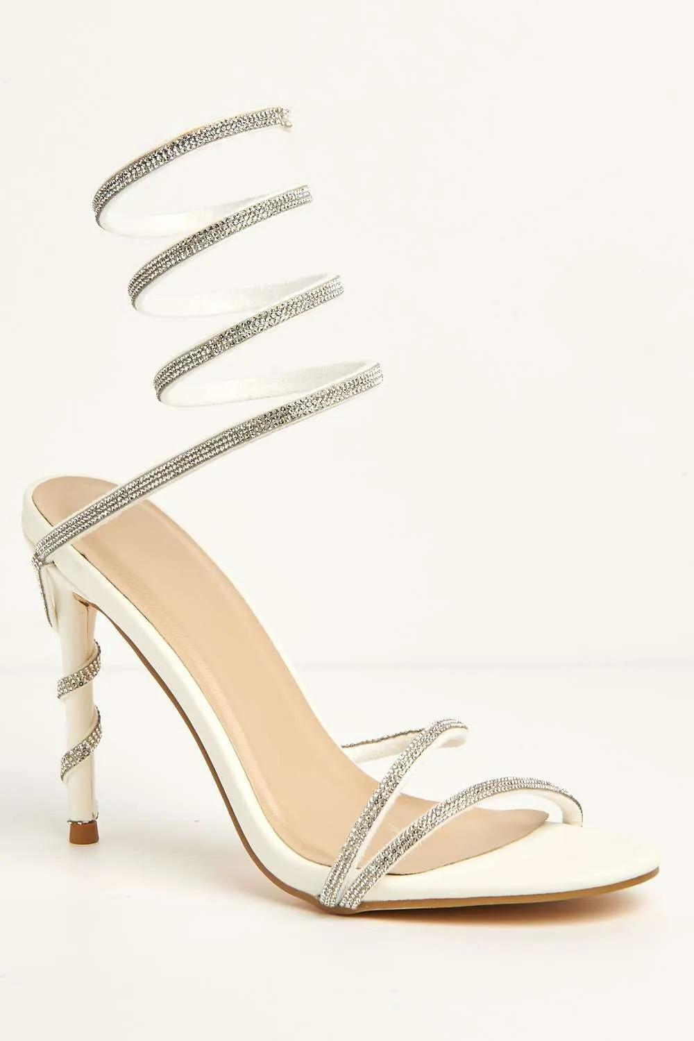 Curly Diamante Embellished Spiral Ankle Strap Sandals in White Matt