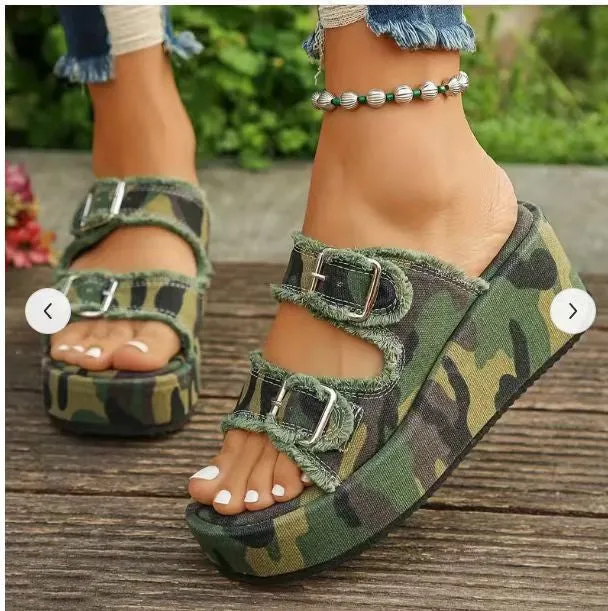 Denim Buckle Wedge Sandals