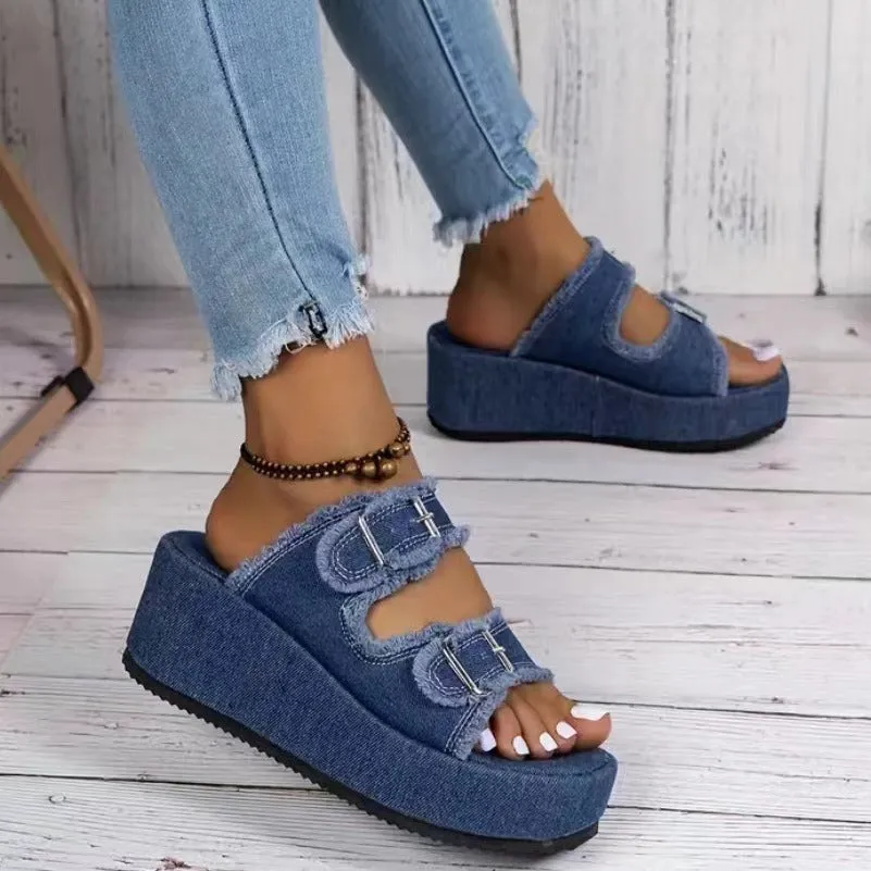 Denim Buckle Wedge Sandals