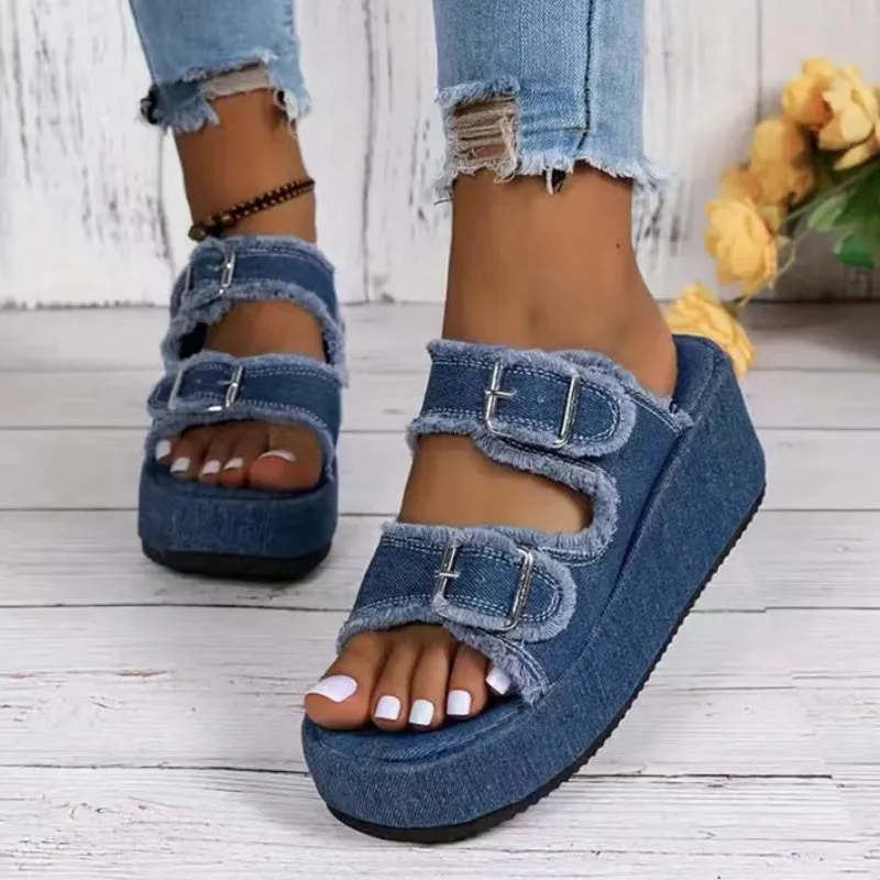 Denim Buckle Wedge Sandals