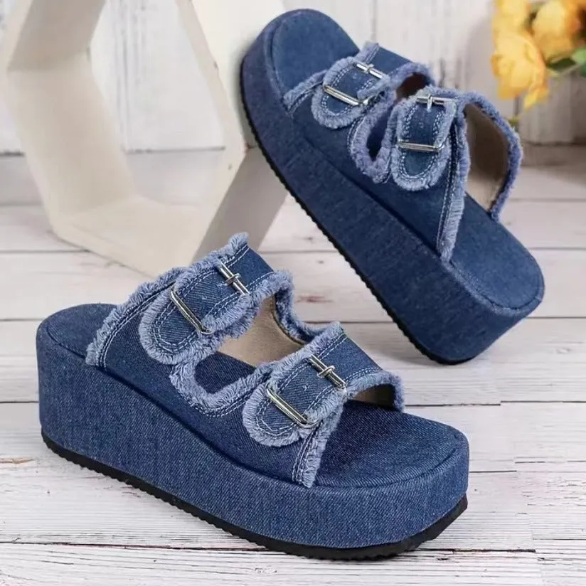 Denim Buckle Wedge Sandals