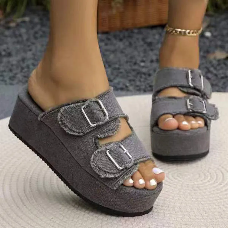 Denim Buckle Wedge Sandals