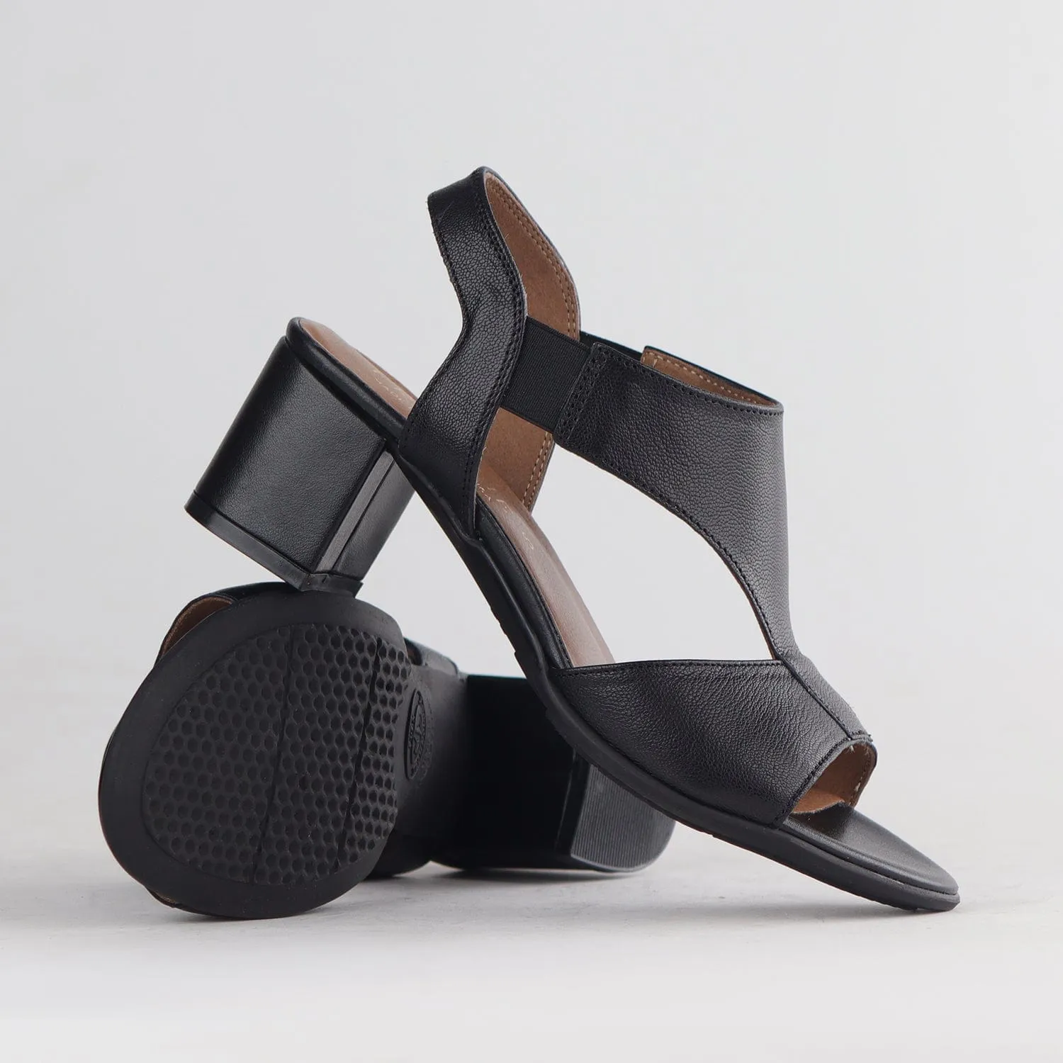 Elasticated Block Heel Sandal in Black - 12818