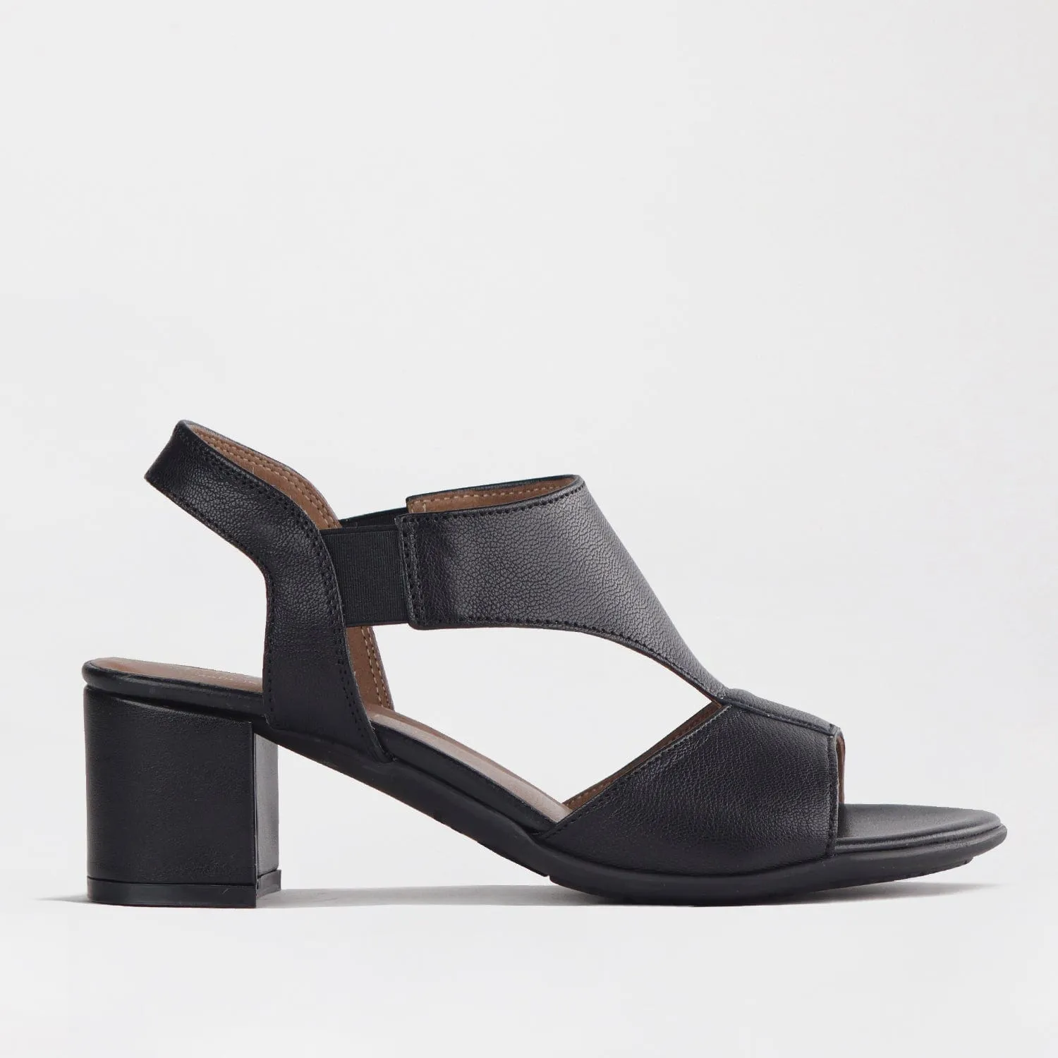 Elasticated Block Heel Sandal in Black - 12818