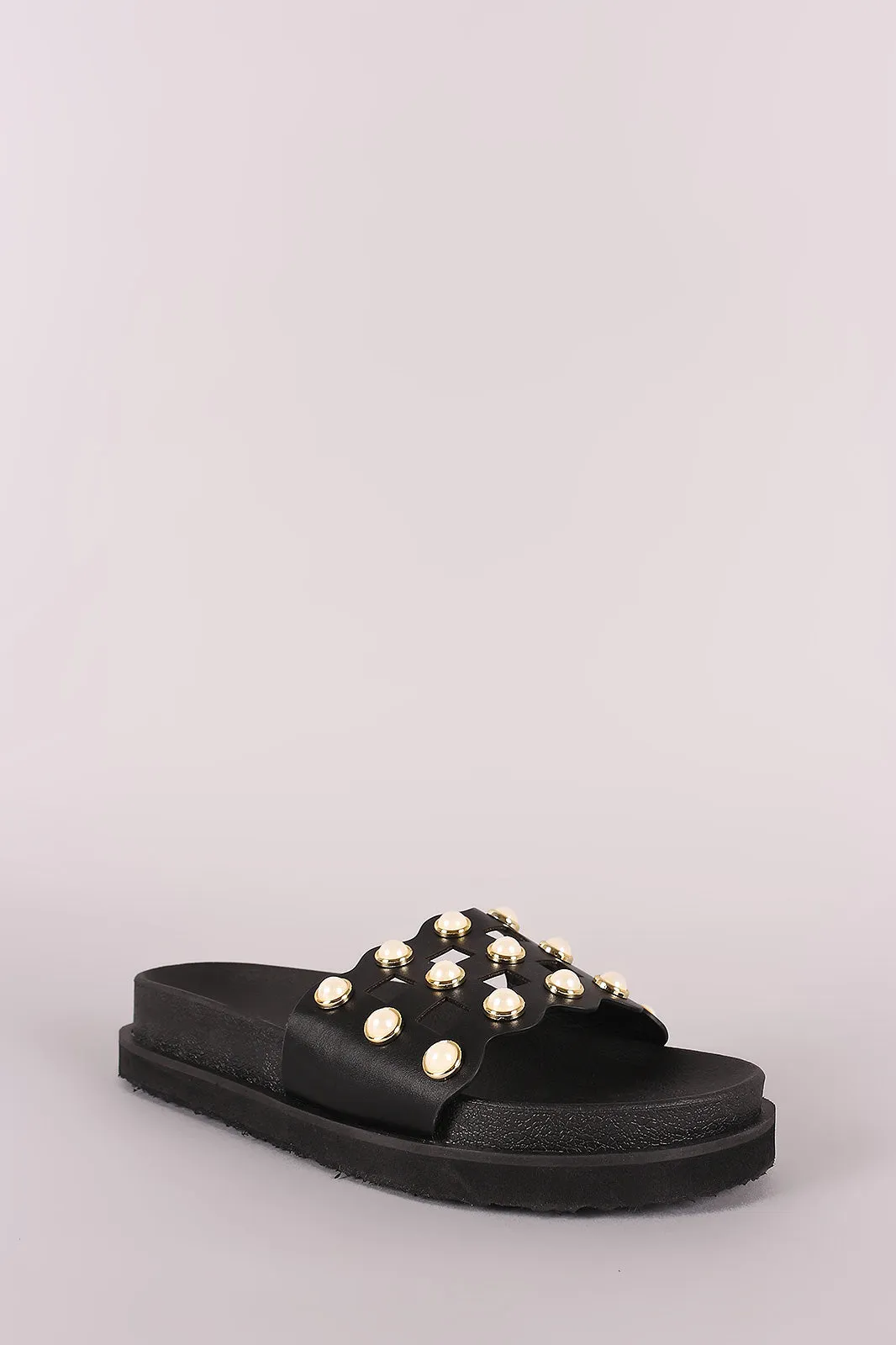 Faux Pearl Grid Cutout Flatform Slide Sandal