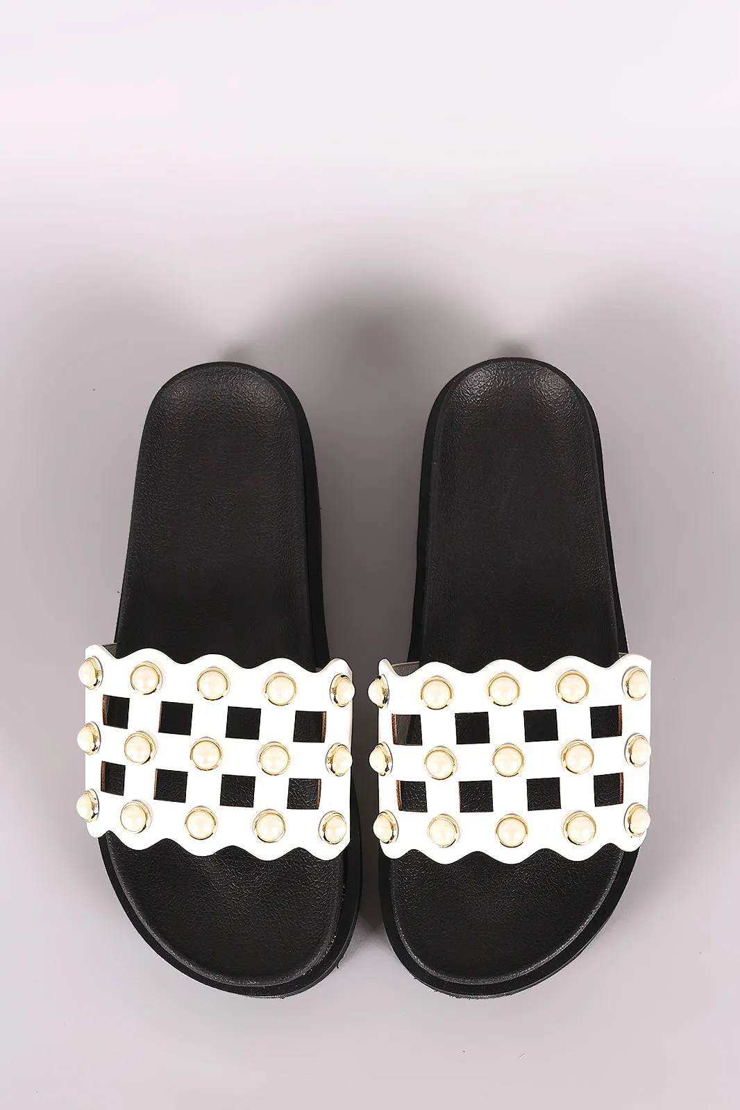 Faux Pearl Grid Cutout Flatform Slide Sandal