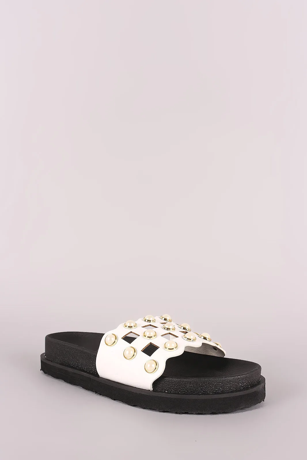 Faux Pearl Grid Cutout Flatform Slide Sandal