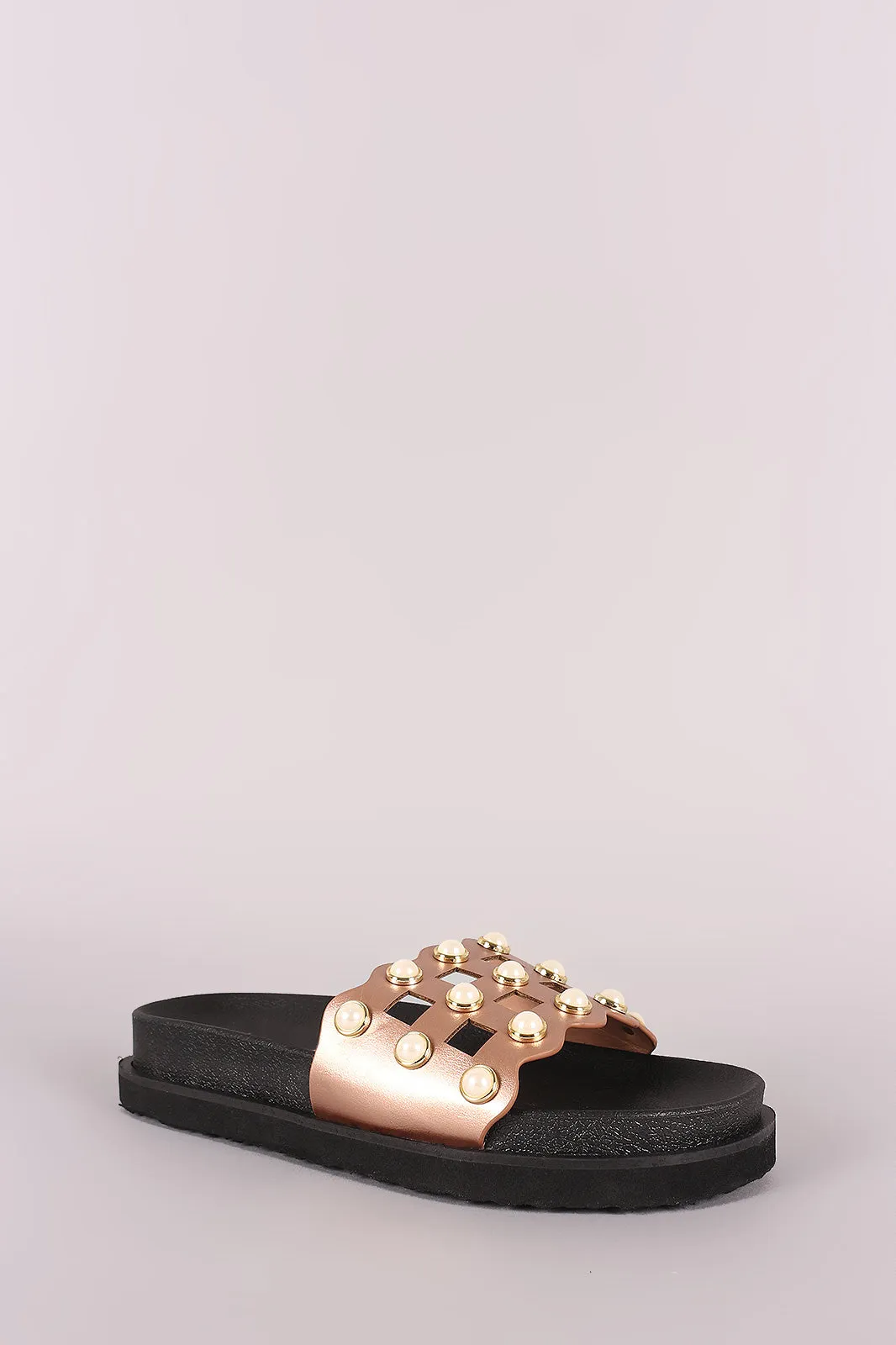 Faux Pearl Grid Cutout Flatform Slide Sandal