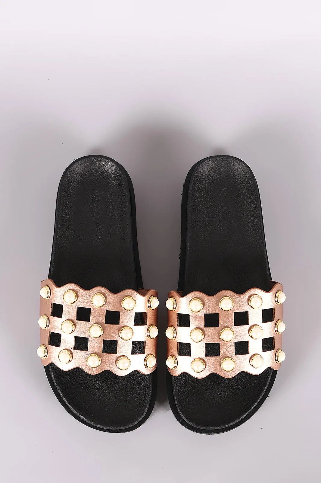 Faux Pearl Grid Cutout Flatform Slide Sandal