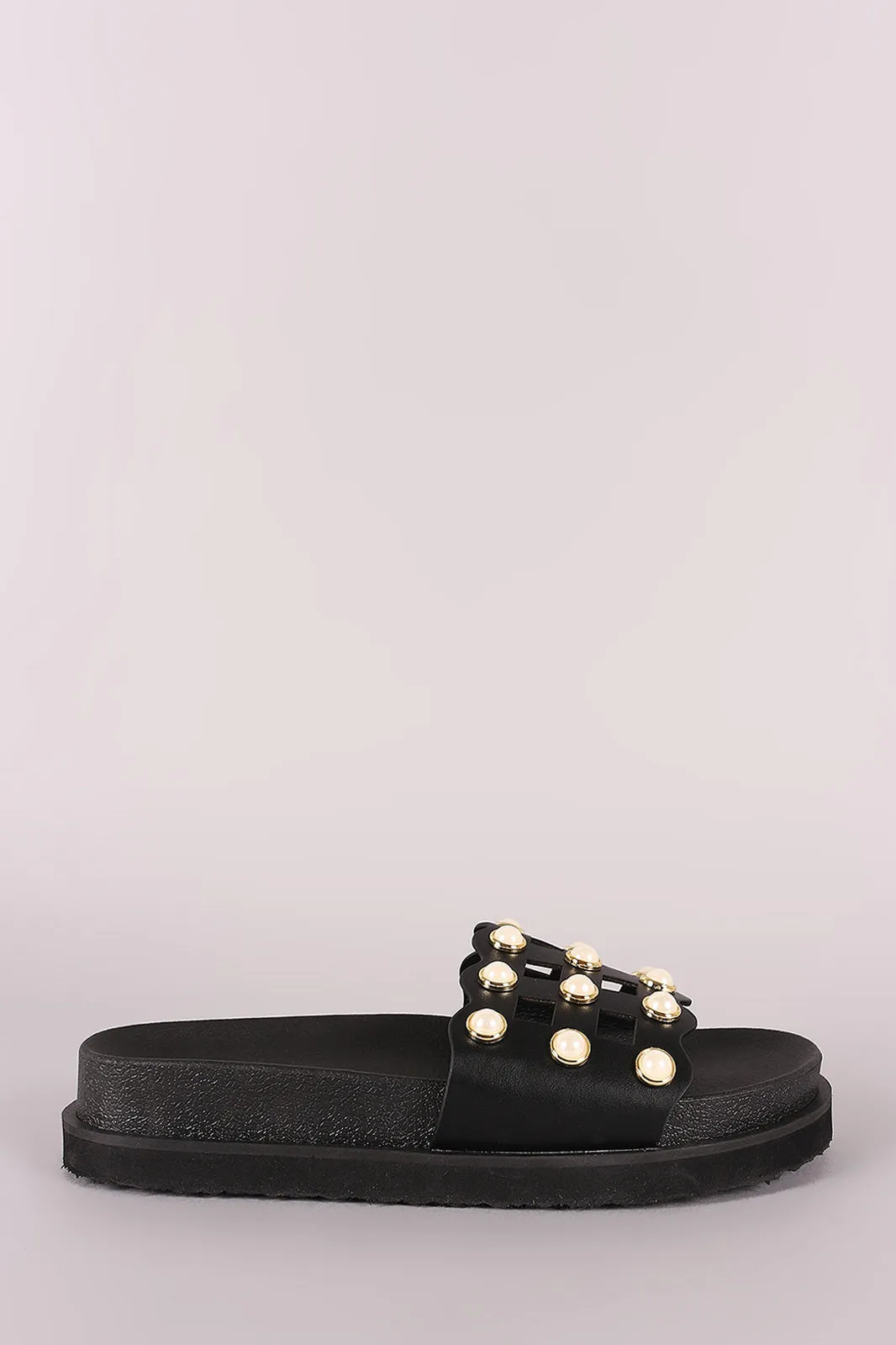 Faux Pearl Grid Cutout Flatform Slide Sandal