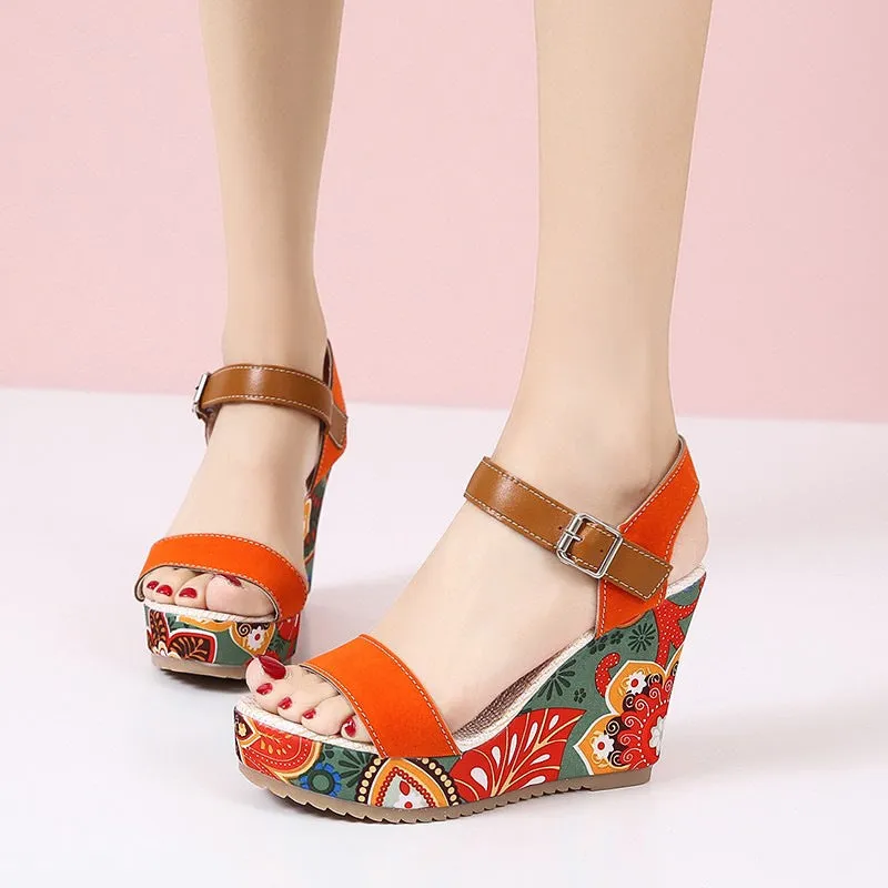 Flowers Embroidered High Wedge Sandals