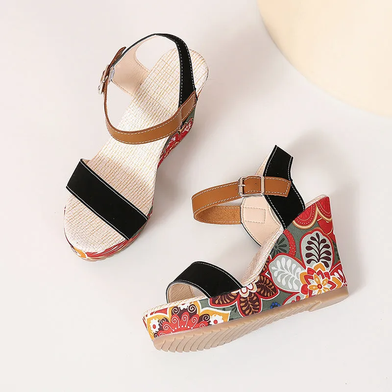 Flowers Embroidered High Wedge Sandals