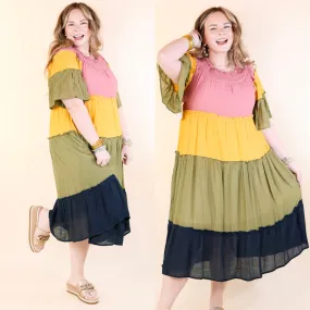 In the Villa Color Block Off the Shoulder Midi Dress in Mustard, Olive, Mauve, and Navy