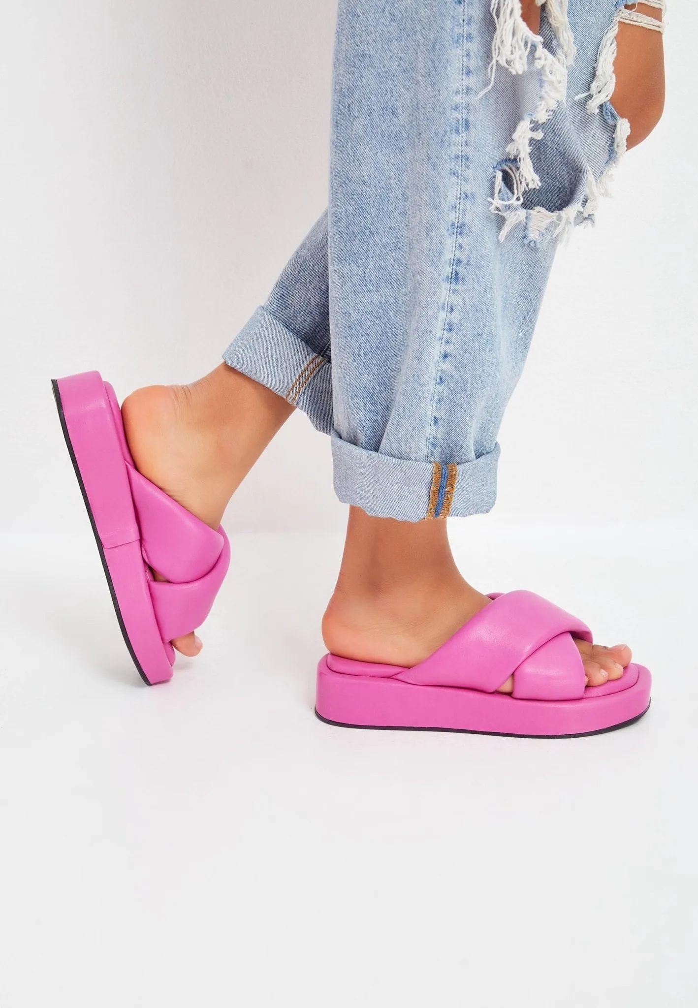 Leather Platform Mule - Fuchsia