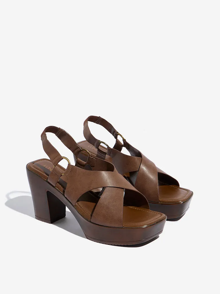 LUNA BLU Brown Criss-Cross Block Sandals