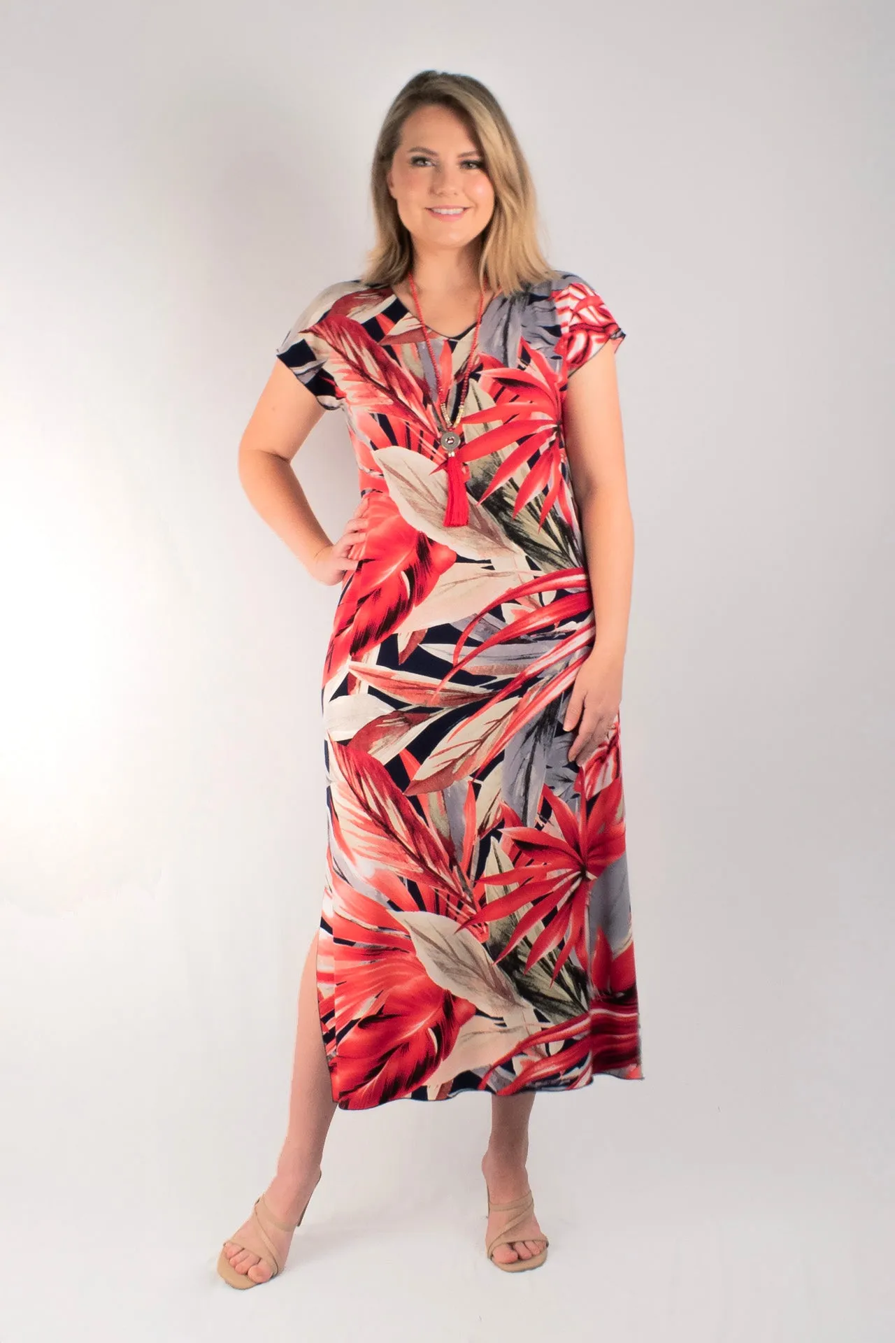 Magnolia Print Short Sleeve Jersey Maxi Dress