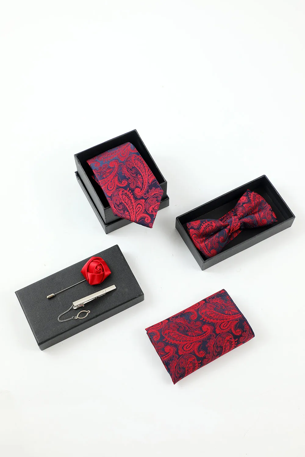 Men's Burgundy Jacquard 5-Piece Accessory Set Tie and Bow Tie Pocket Square Flower Lapel Pin Tie Clip