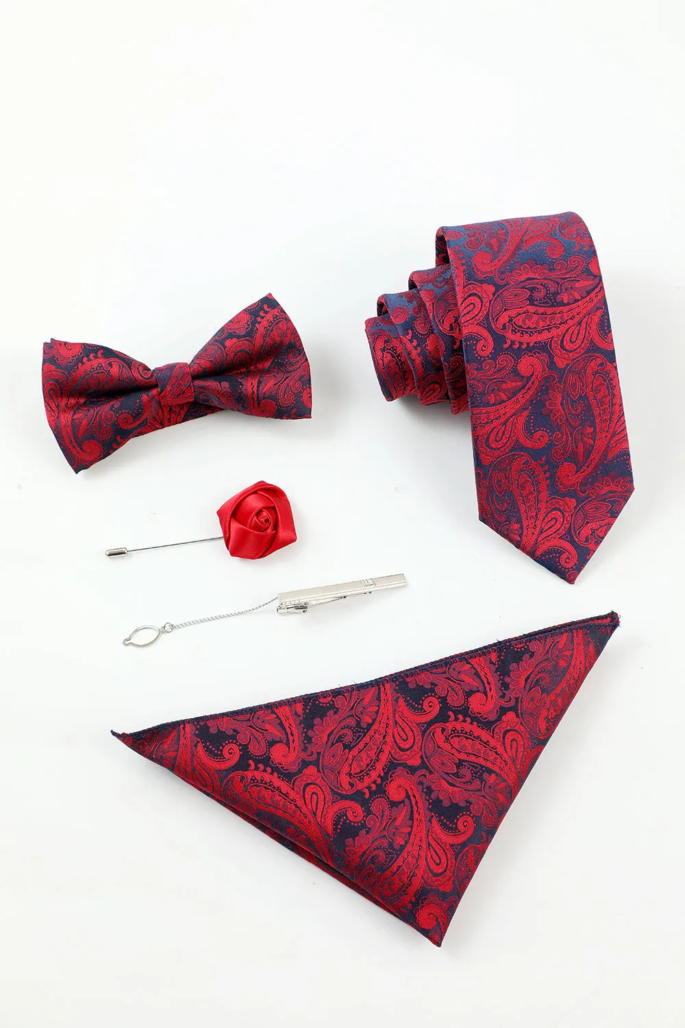 Men's Burgundy Jacquard 5-Piece Accessory Set Tie and Bow Tie Pocket Square Flower Lapel Pin Tie Clip