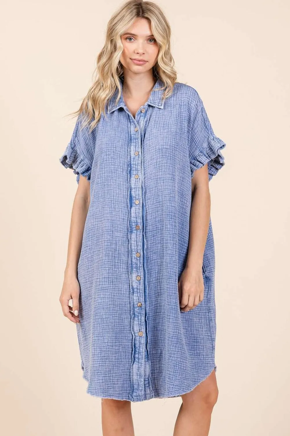 Mineral Wash Cotton Gauze Mini Shirt Dress