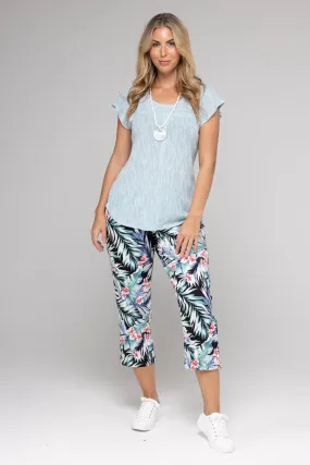 Palms Print Stretch Rayon Nylon Capri Pants