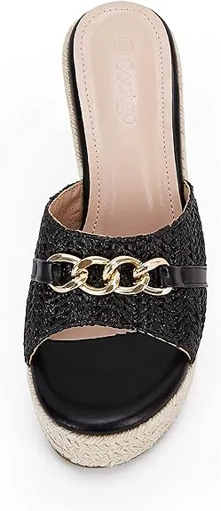 Platform Chain Black Open Toe Espadrille Wedge Sandals