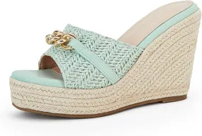 Platform Chain Mint Blue Open Toe Espadrille Wedge Sandals