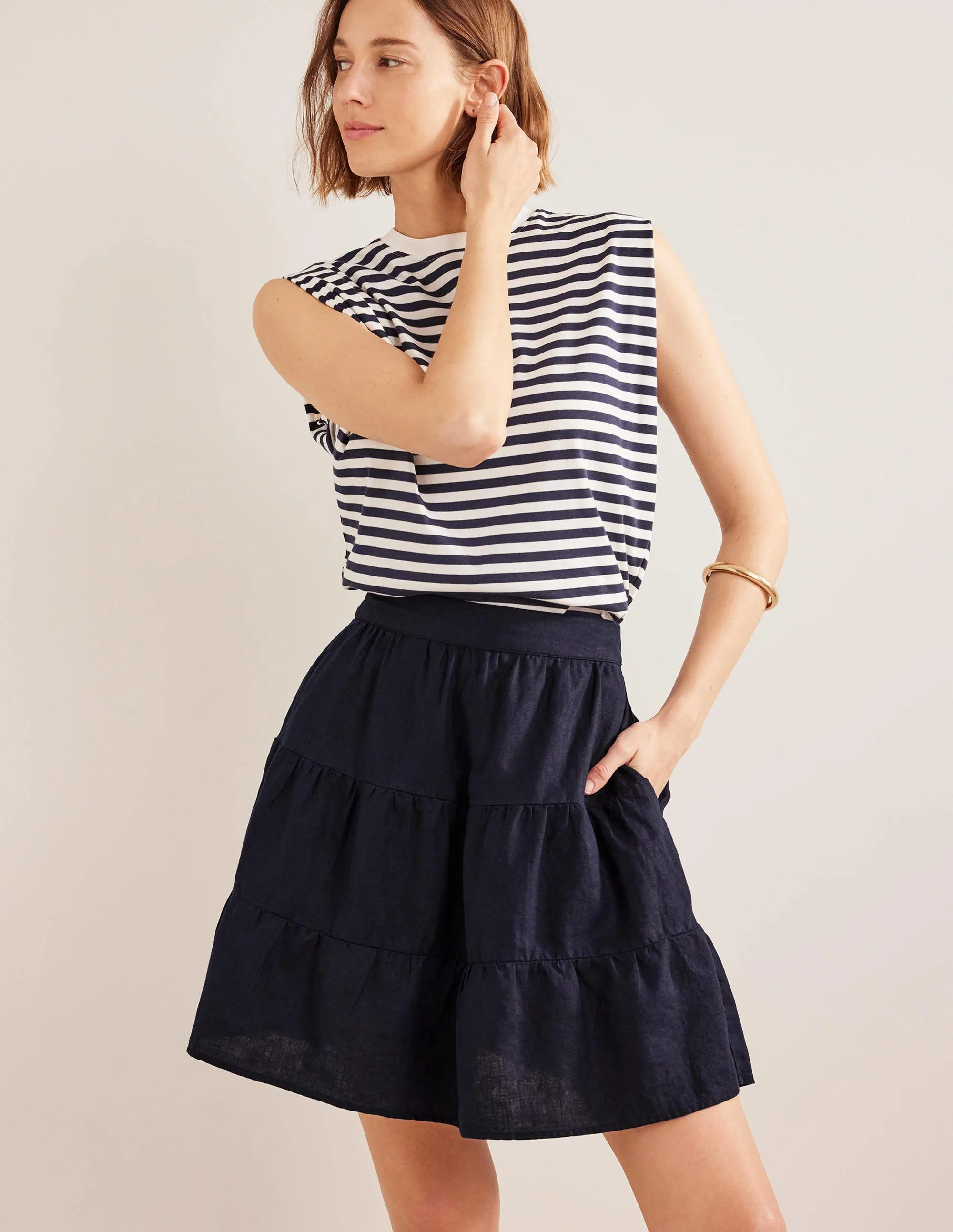 Pull On Tiered Linen Skirt-Navy