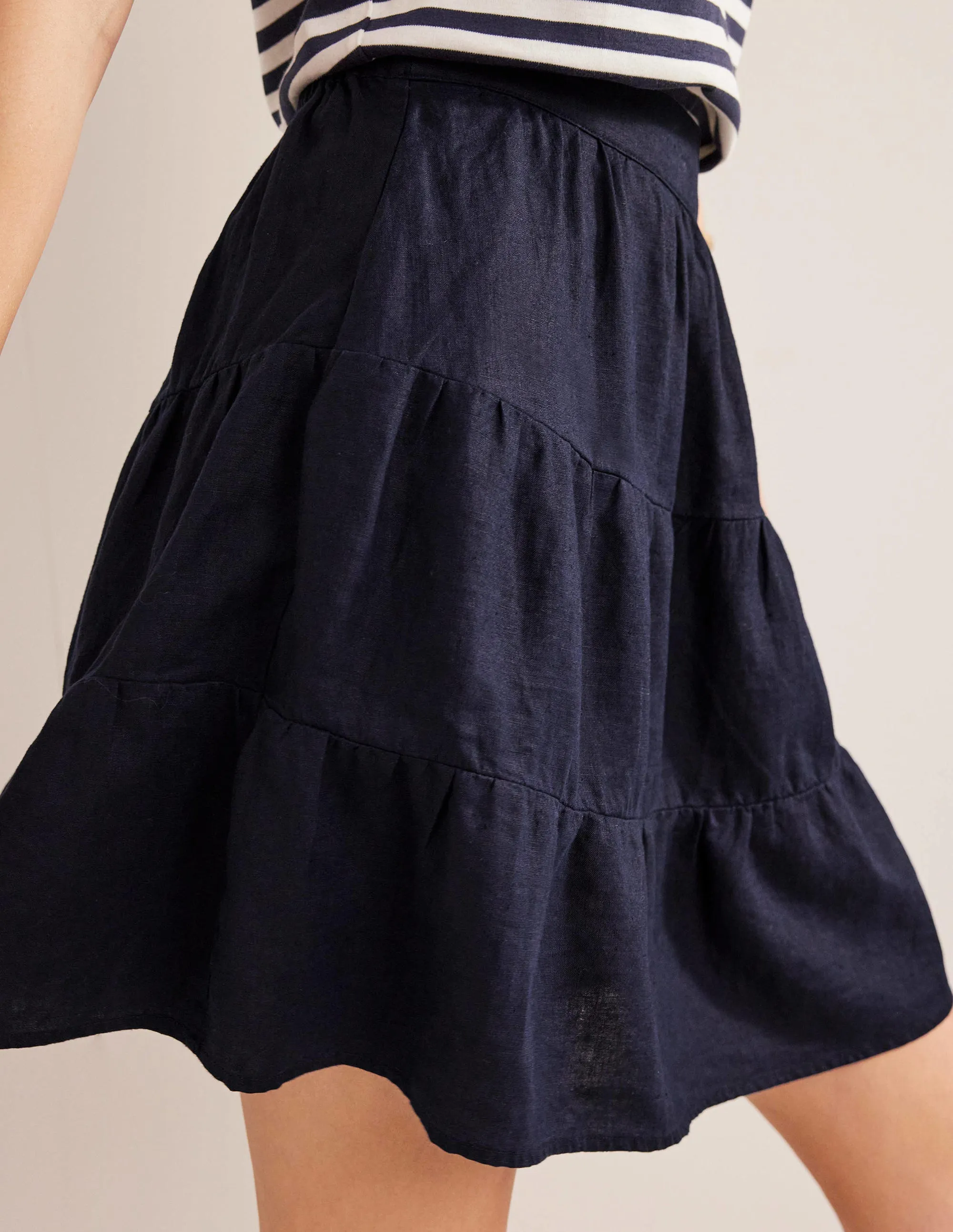 Pull On Tiered Linen Skirt-Navy