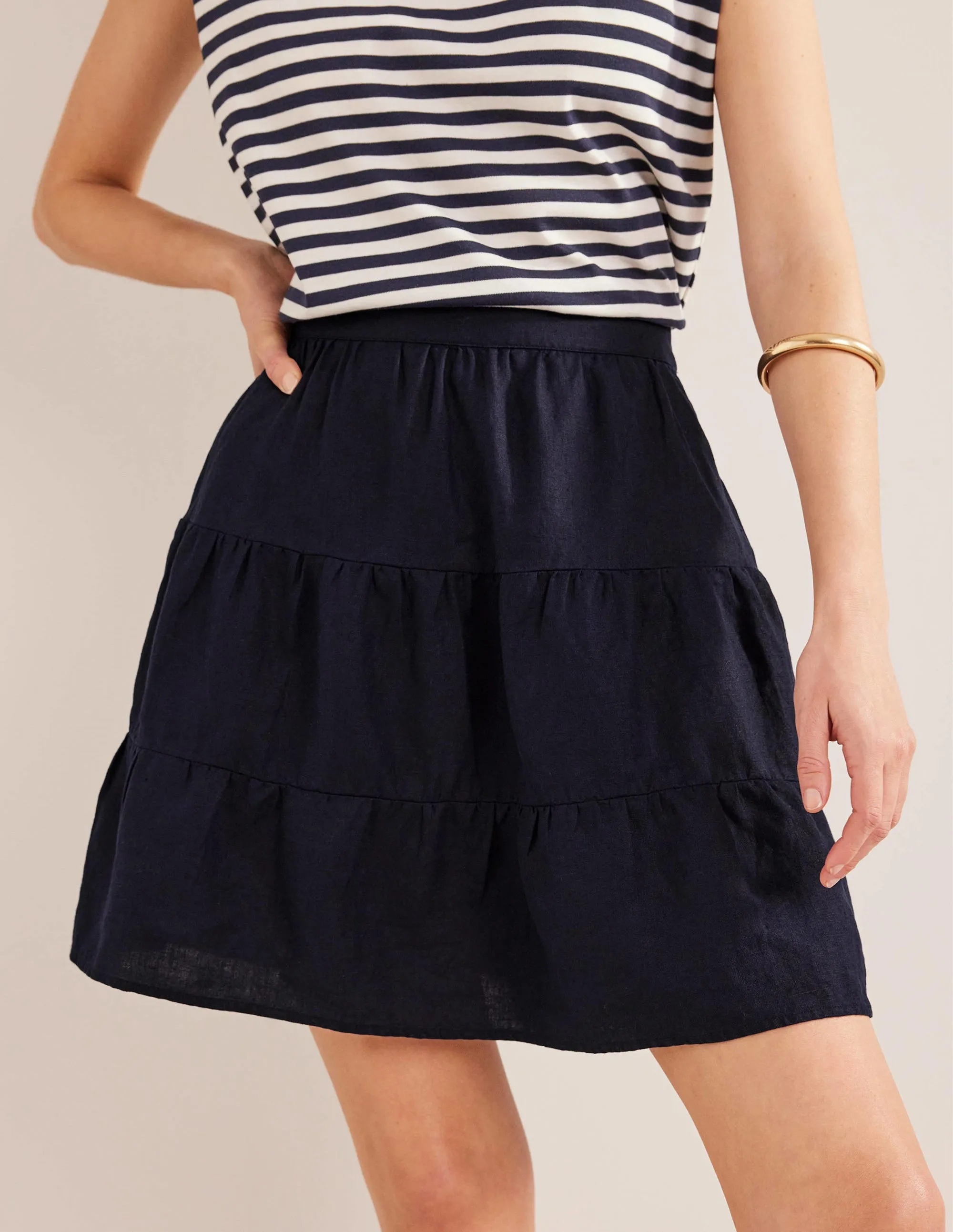 Pull On Tiered Linen Skirt-Navy