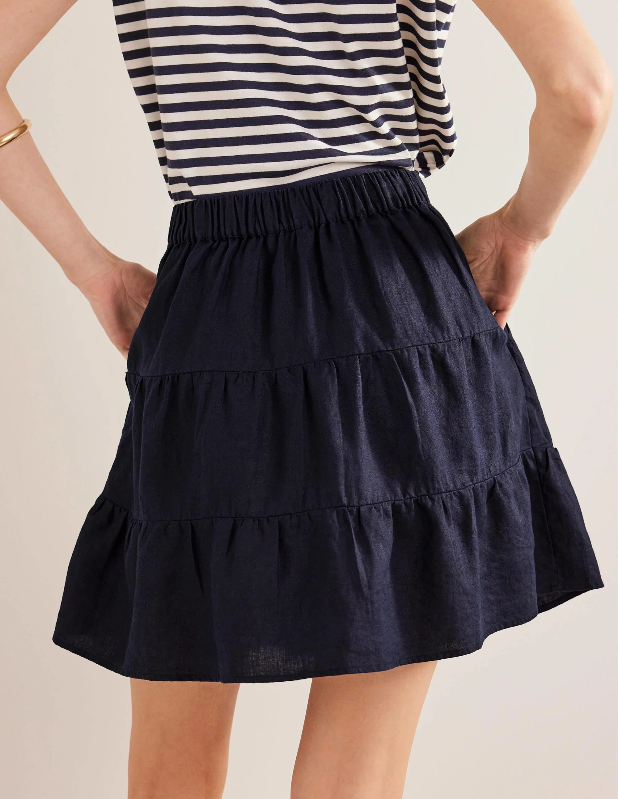 Pull On Tiered Linen Skirt-Navy